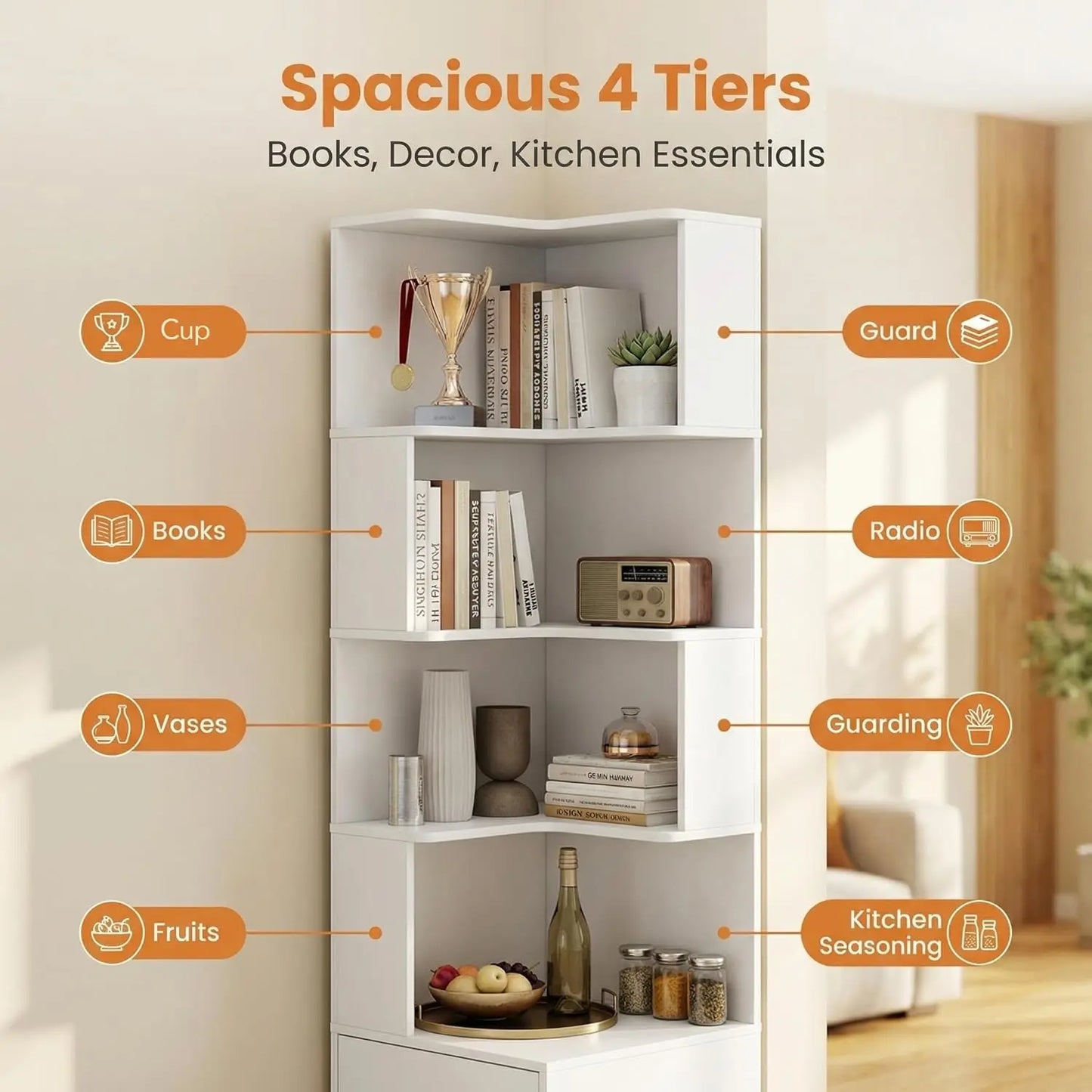 Arvolia 4 Tier Corner Bookshelf With Drawers And LED Lights L Shaped Shelf