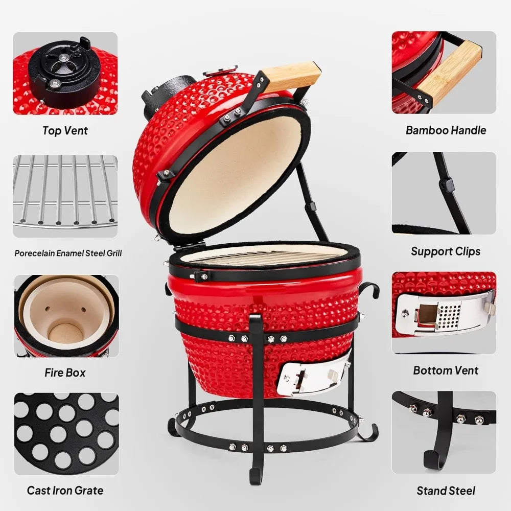 13 Inch Red Spherical Ceramic Charcoal Grill with Inner Liner Portable BBQ Smoker for Outdoor Cooking Camping and Backyard Grill