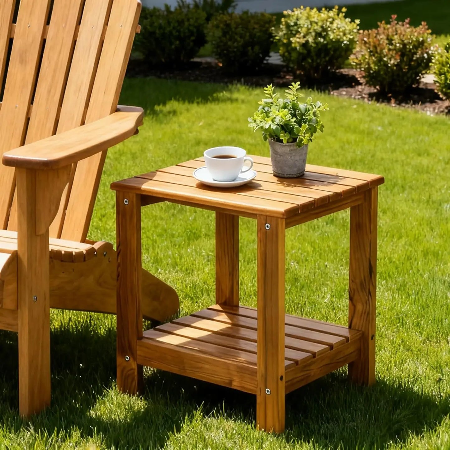 Two Tier Teak Side Table for Outdoor Patio Garden and Living Room