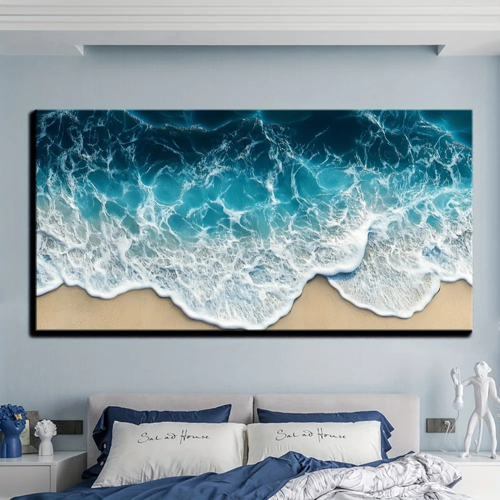 Blue Wave Texture Print Painting Modern Art Oil Painting Interior Decoration 1.5 Inch Thick Pine Solid Wood Frame