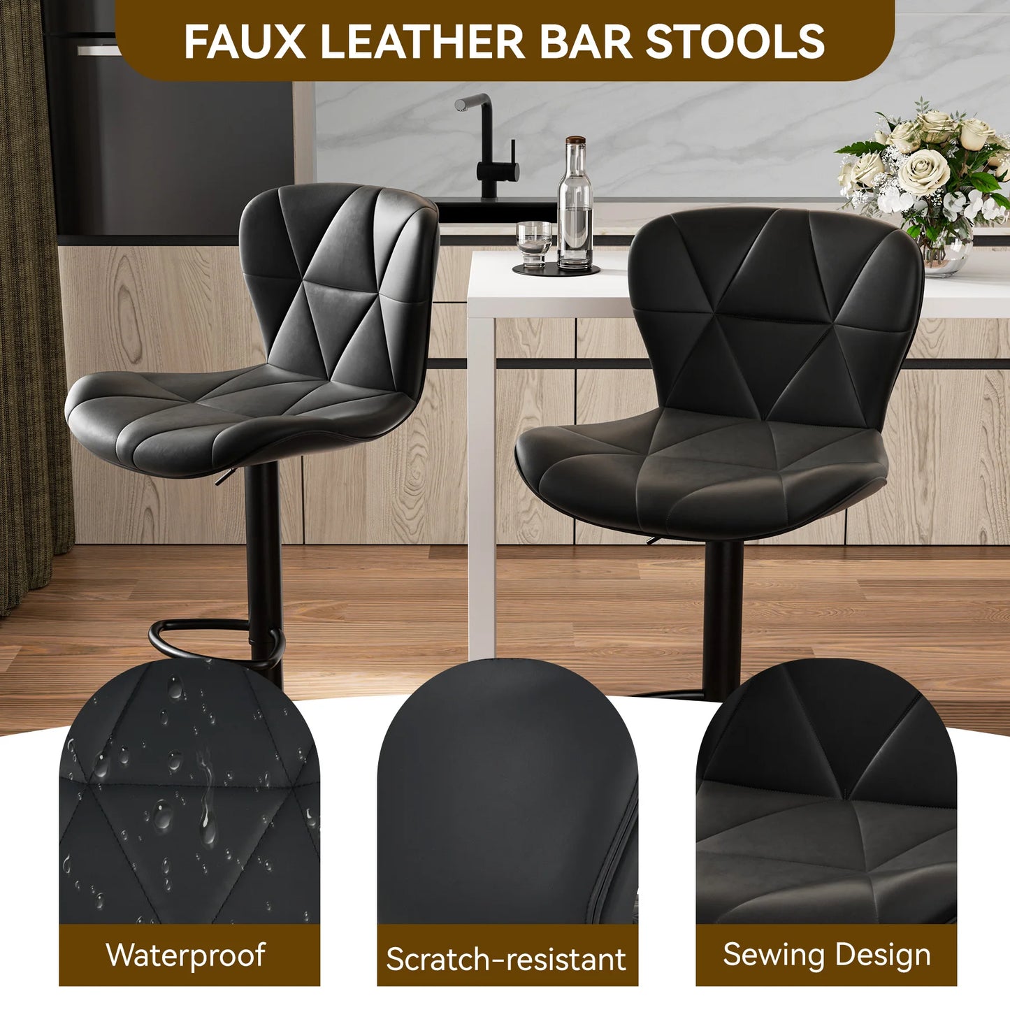 2 Pcs Bar Chair 360 Degree Rotation Faux Leather Backrest