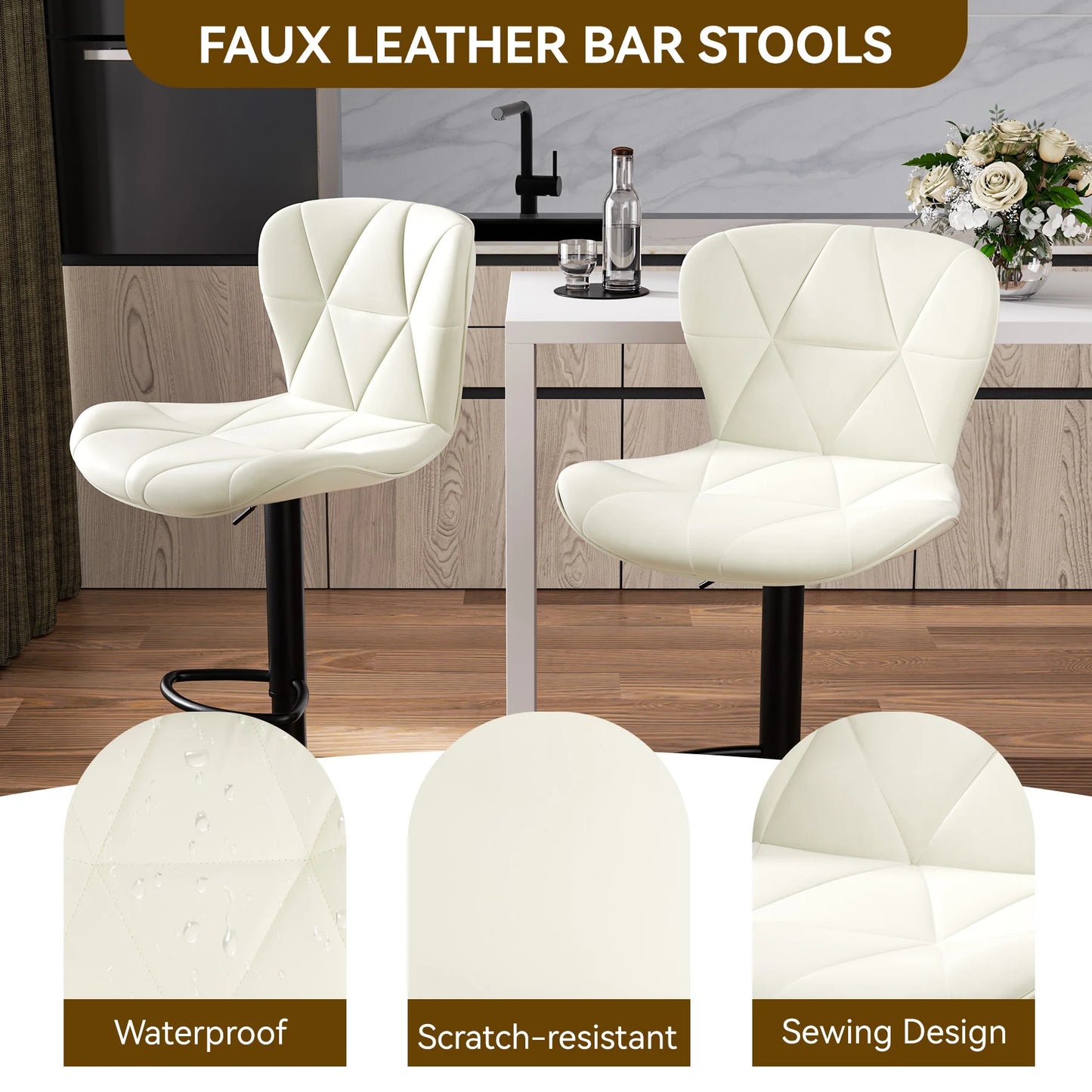 2 Pcs Bar Chair 360 Degree Rotation Faux Leather Backrest