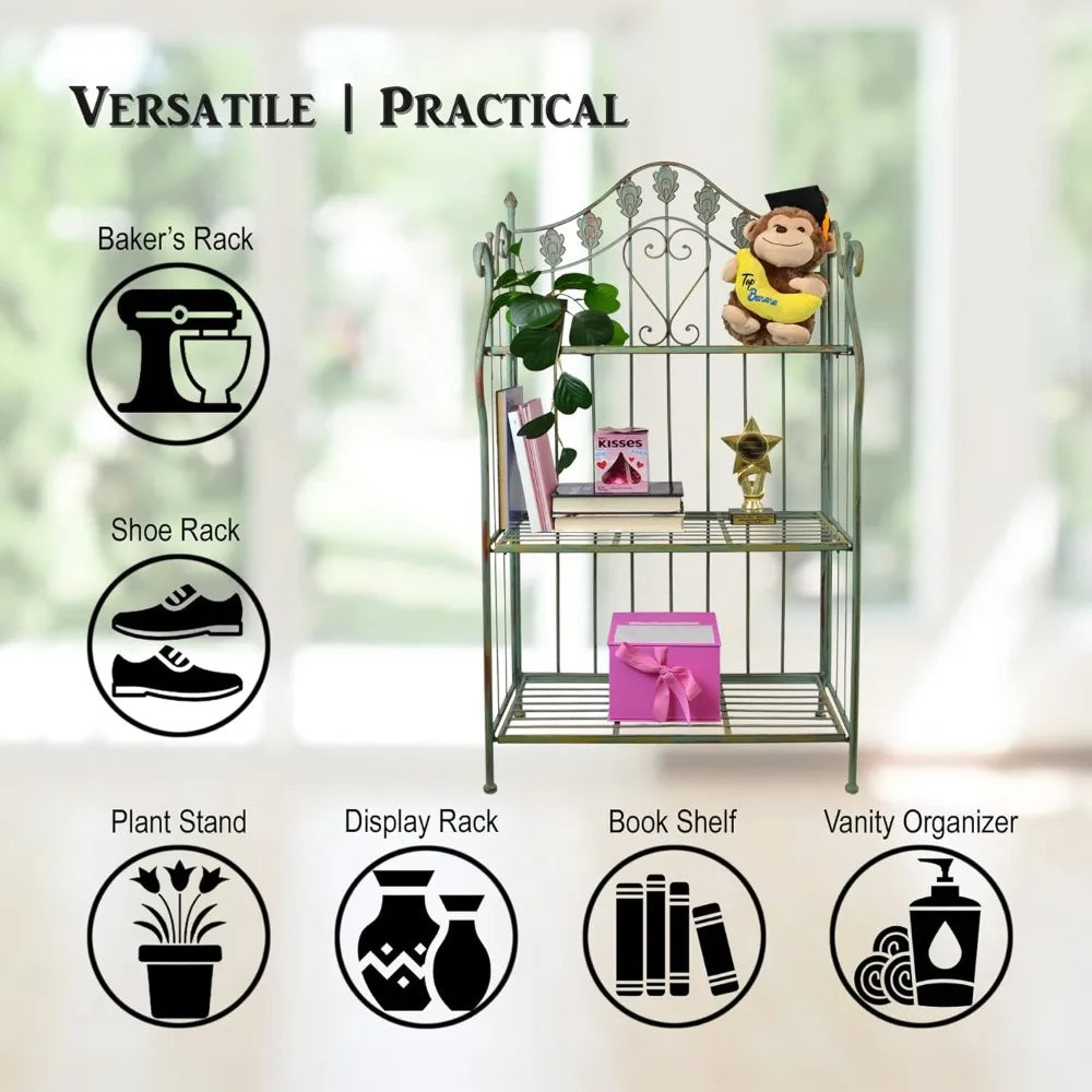 Zuiyu Pre-Assembled Folding Metal Shelf Plant Stand Shelving Unit Bookcase Outdoor Bakers Rack Scrolling Heart Peacock Tail Motif