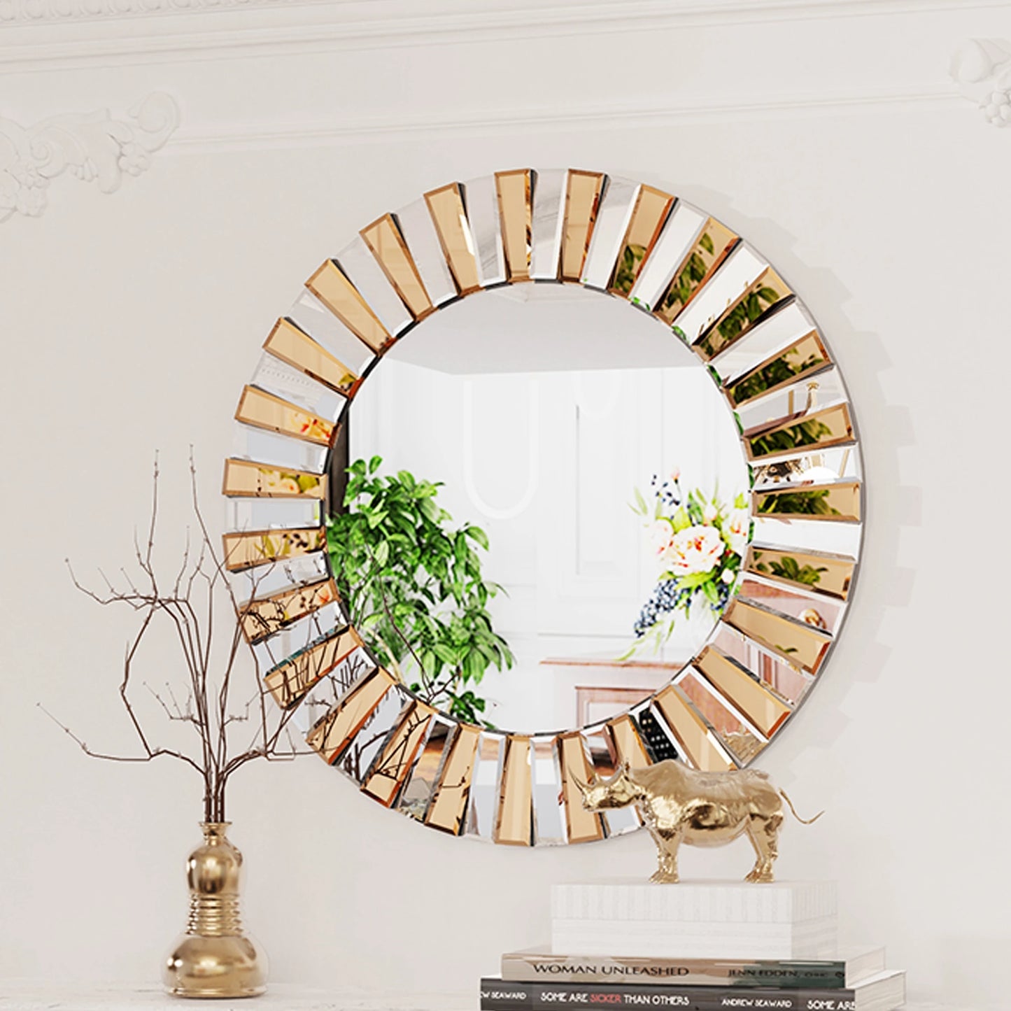 Decorative Round Sunburst Wall Mirror Beveled Edge Glass Bathroom Vanity Hanging Accent Mirror for Living Room