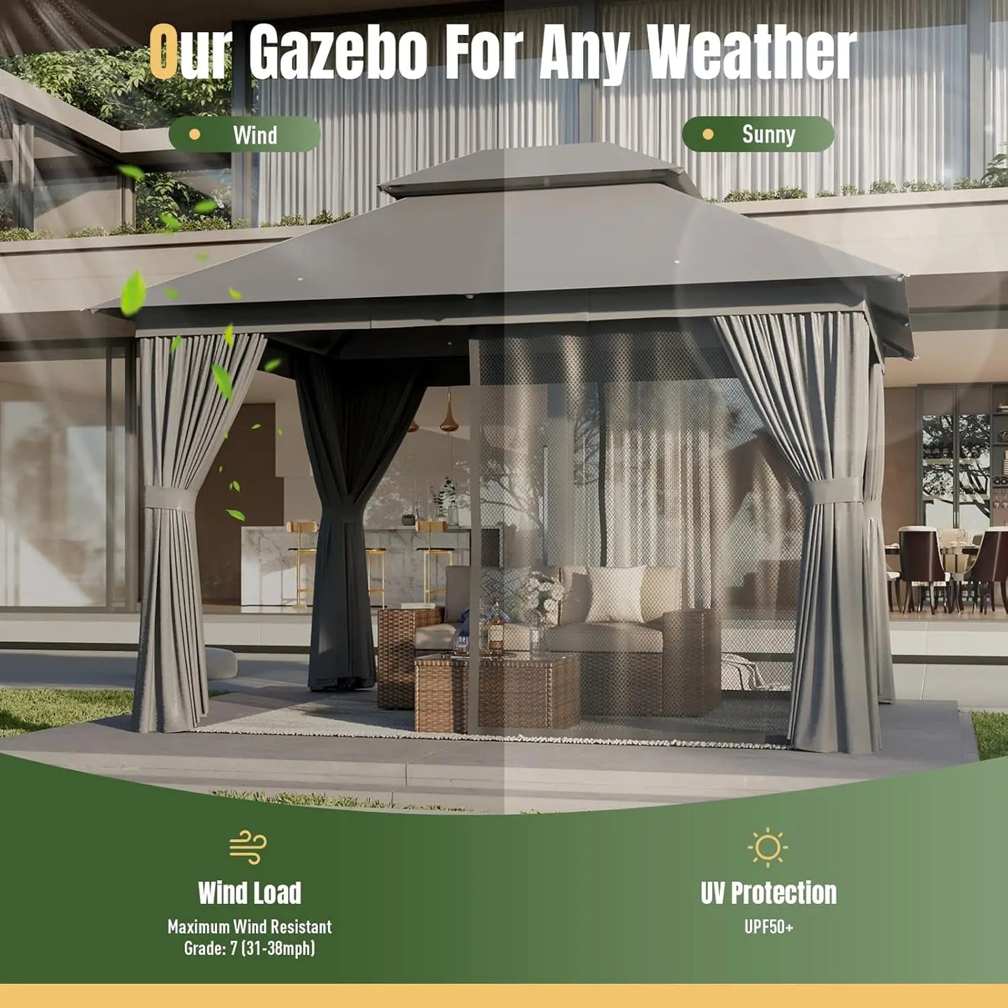 Outdoor Patio Gazebo 10x12 Wooden Frame Canopy With Double Roofs Mosquito Net