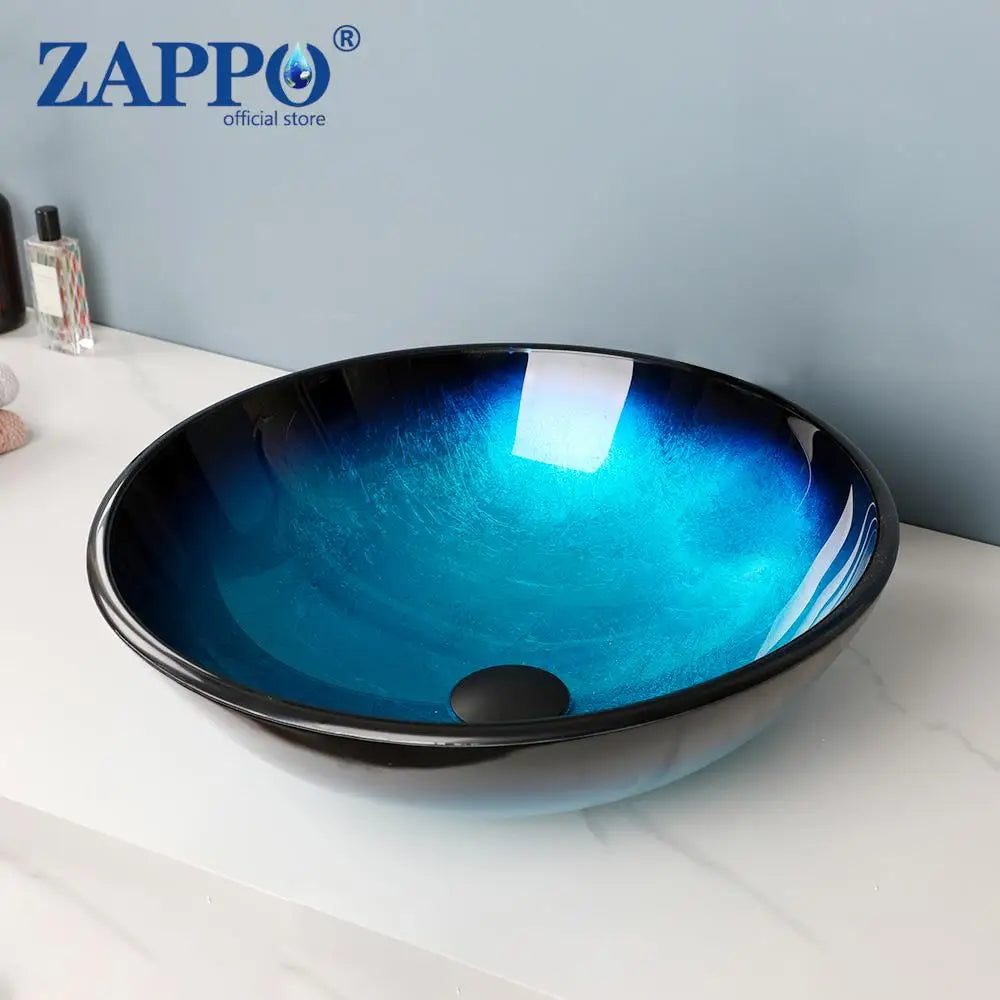 ZAPPO Tempered Glass Vessel Sink With Waterfall Faucet Blue