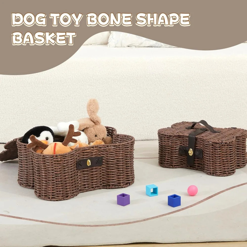 2 Set Large Small Dog Toy Basket Lid Bone Shaped Wicker