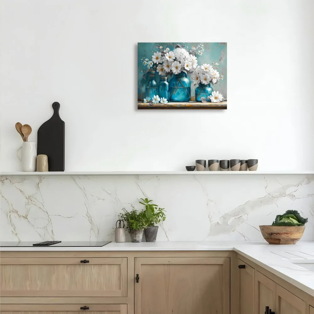 1.5 Inch Blue Vase White Daisy Canvas Wall Art for Home Office Decoration Bedroom Wall Art