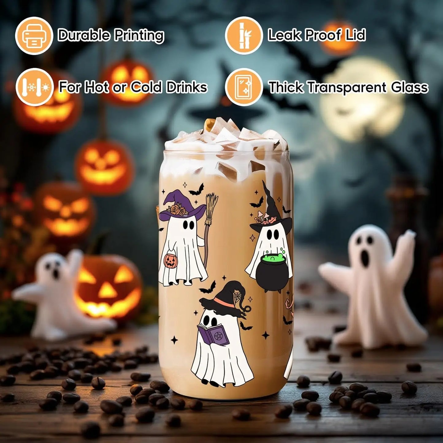Witch Ghost Halloween Cup 16 Oz Glass Tumbler With Lids