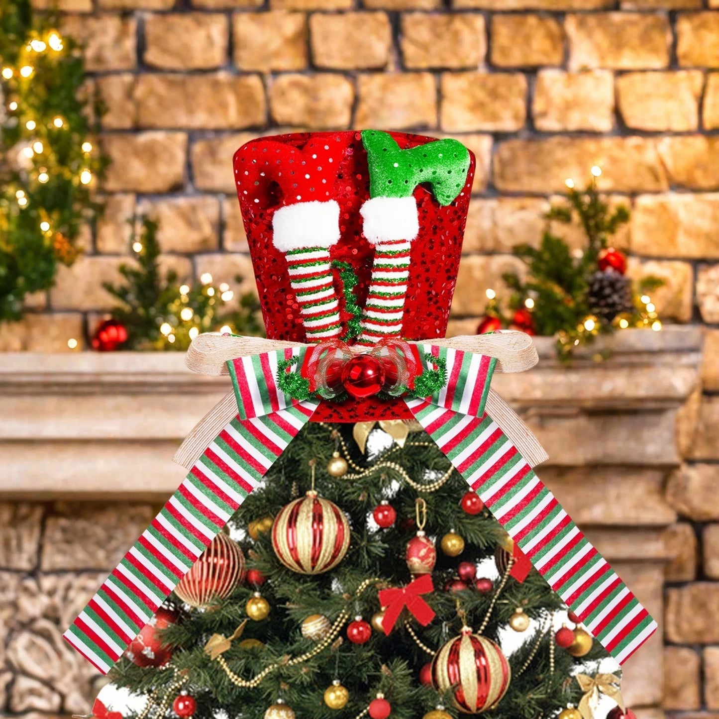 Santa Hat Tree Topper With Glittery Reindeer Antlers Bells