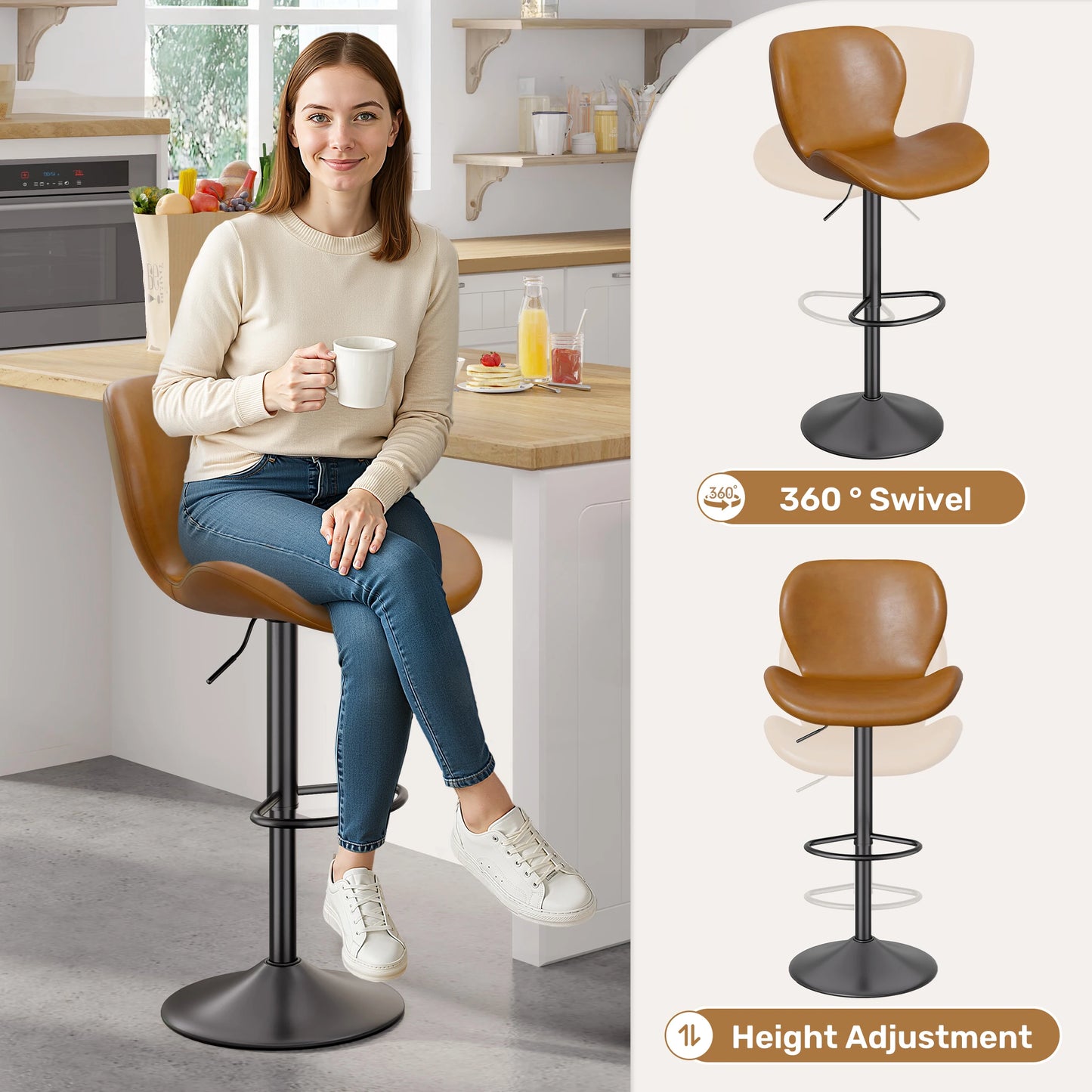 2 Pcs Swivel Bar Stools PU Leather Upholstered With Back