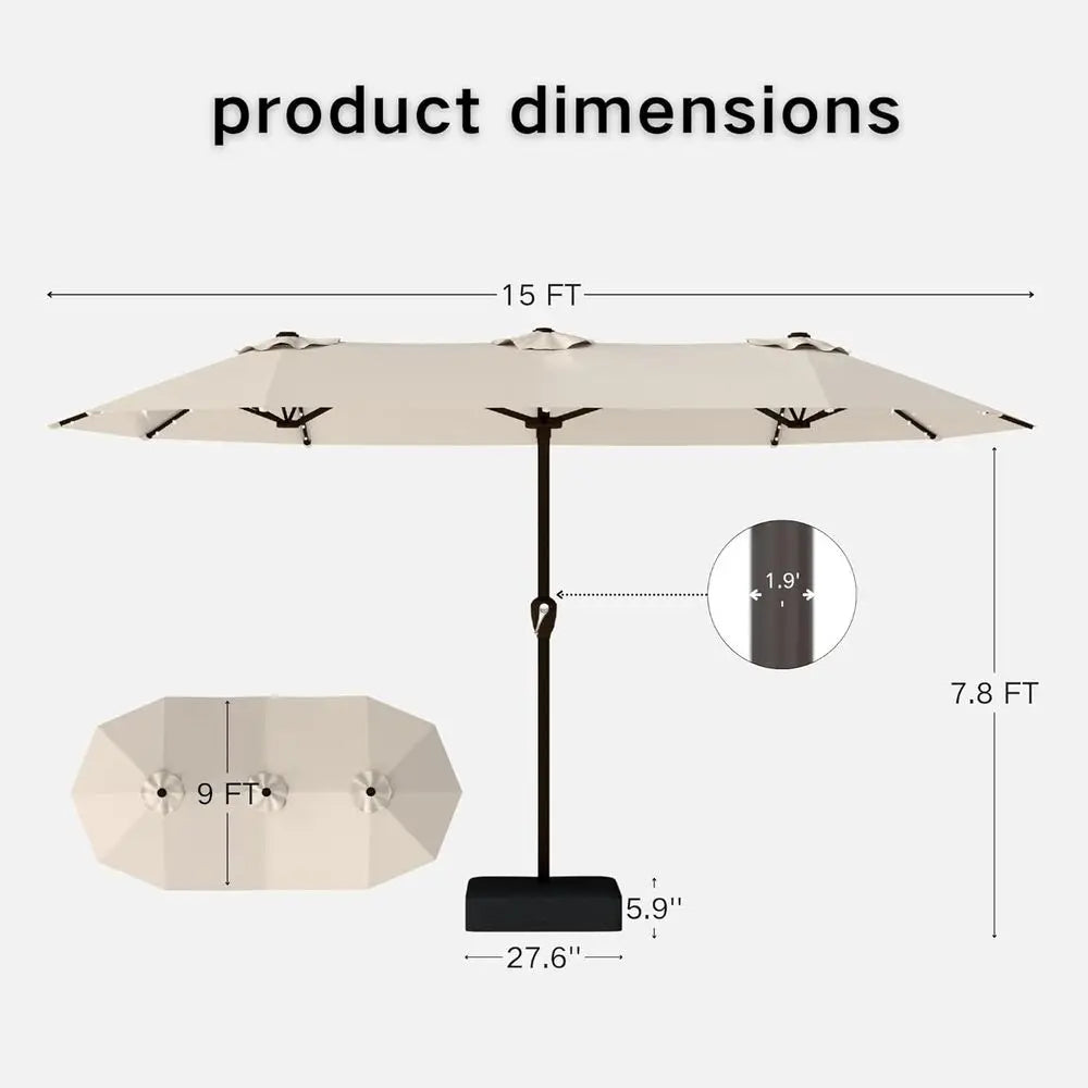 Solar Powered LED Patio Umbrella 13ft Rectangle With Crank Lift Base Beige