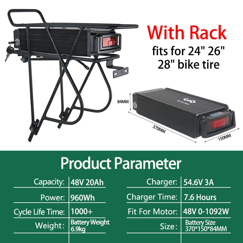 Rear Rack Battery 36V15Ah 48V15Ah 52V20Ah 24 26 28 Inches