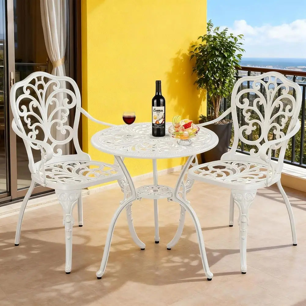 RBXC Patio Bistro Set 3 Piece Wood Outdoor Table and Chairs with Umbrella Hole