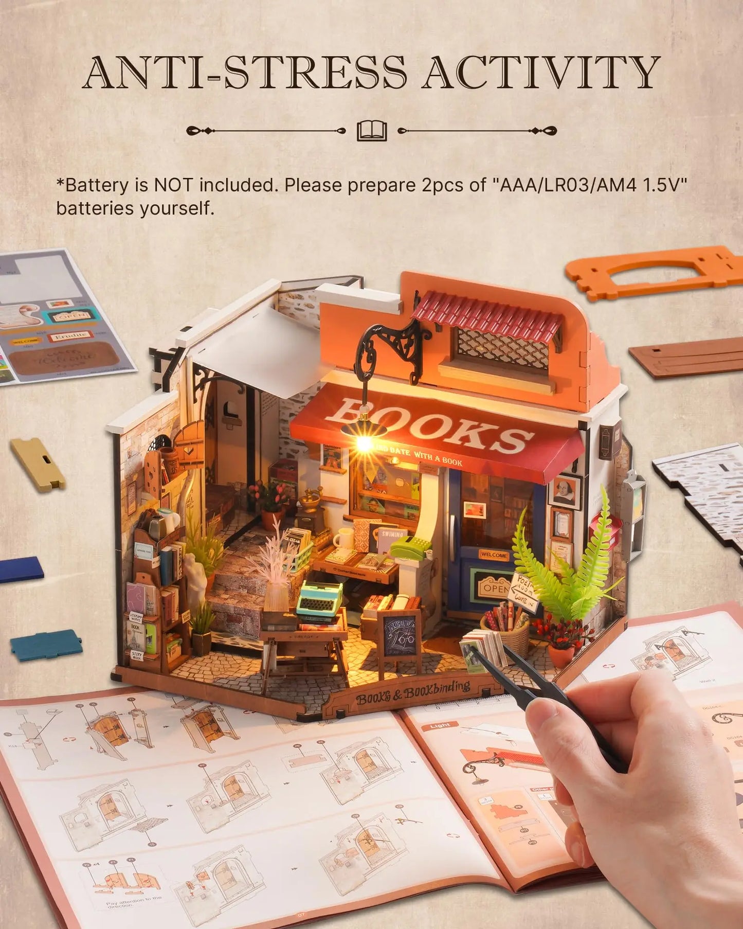 Robotime Miniature Dollhouse Kit Corner Bookstore With Led For DIY Craft