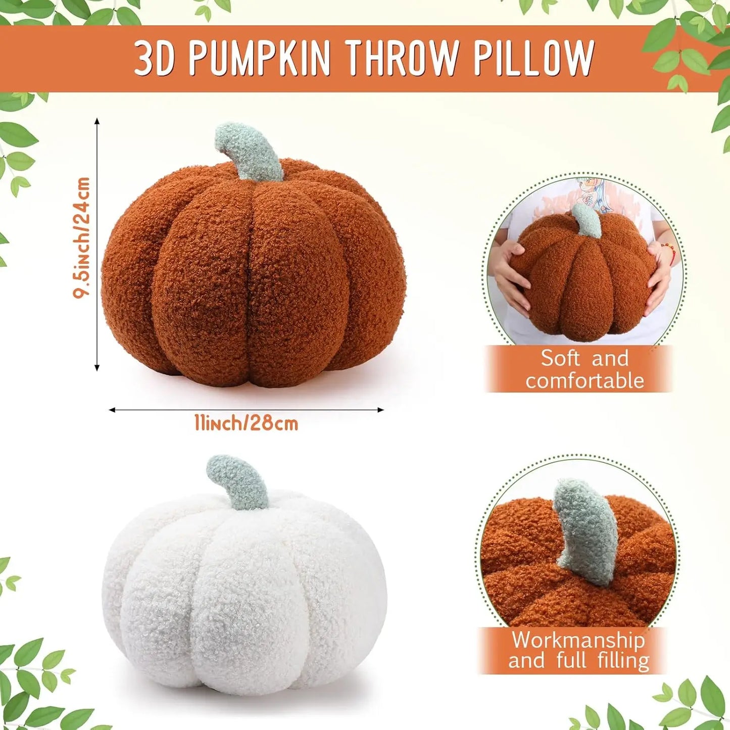 Two Pack 3D Plush Pumpkin Pillows Fall Decor For Holidays