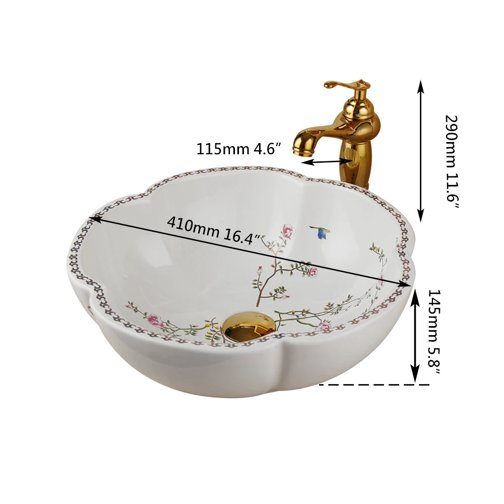 ZAPPO Ceramic Sink Above Counter Round Petal Pattern Faucet