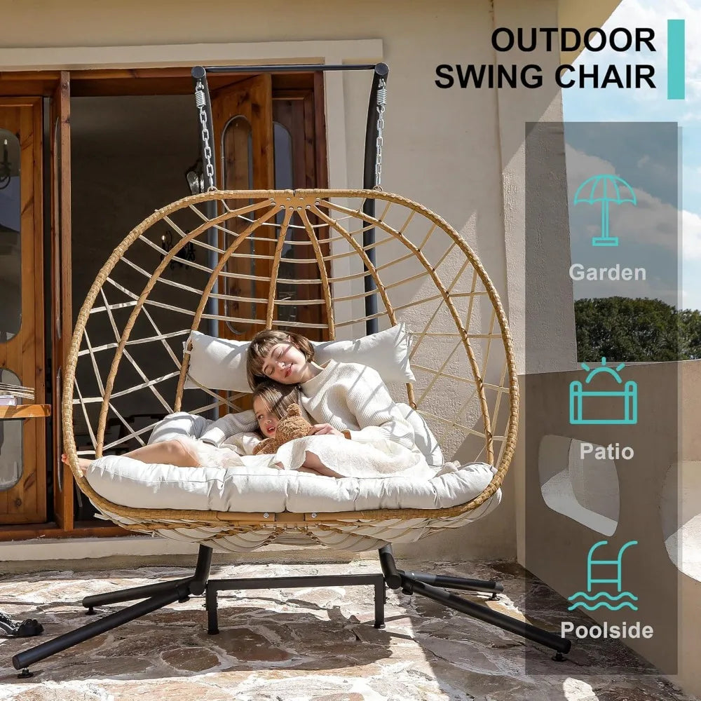Double Egg Swing Chair With Stand 2-Person Hanging Hammock Chair With Cushion for Patio and Living Room 550 Lb Capacity