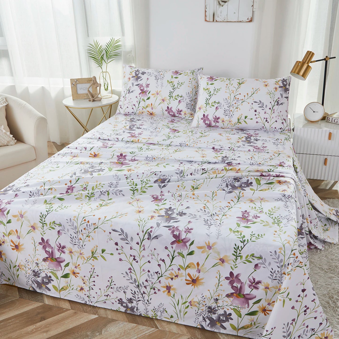 4 Piece 600 TC 100 Percent Egyptian Cotton Fitted Sheet Set Fresh Pink Botanical Pattern Soft and Skin Friendly