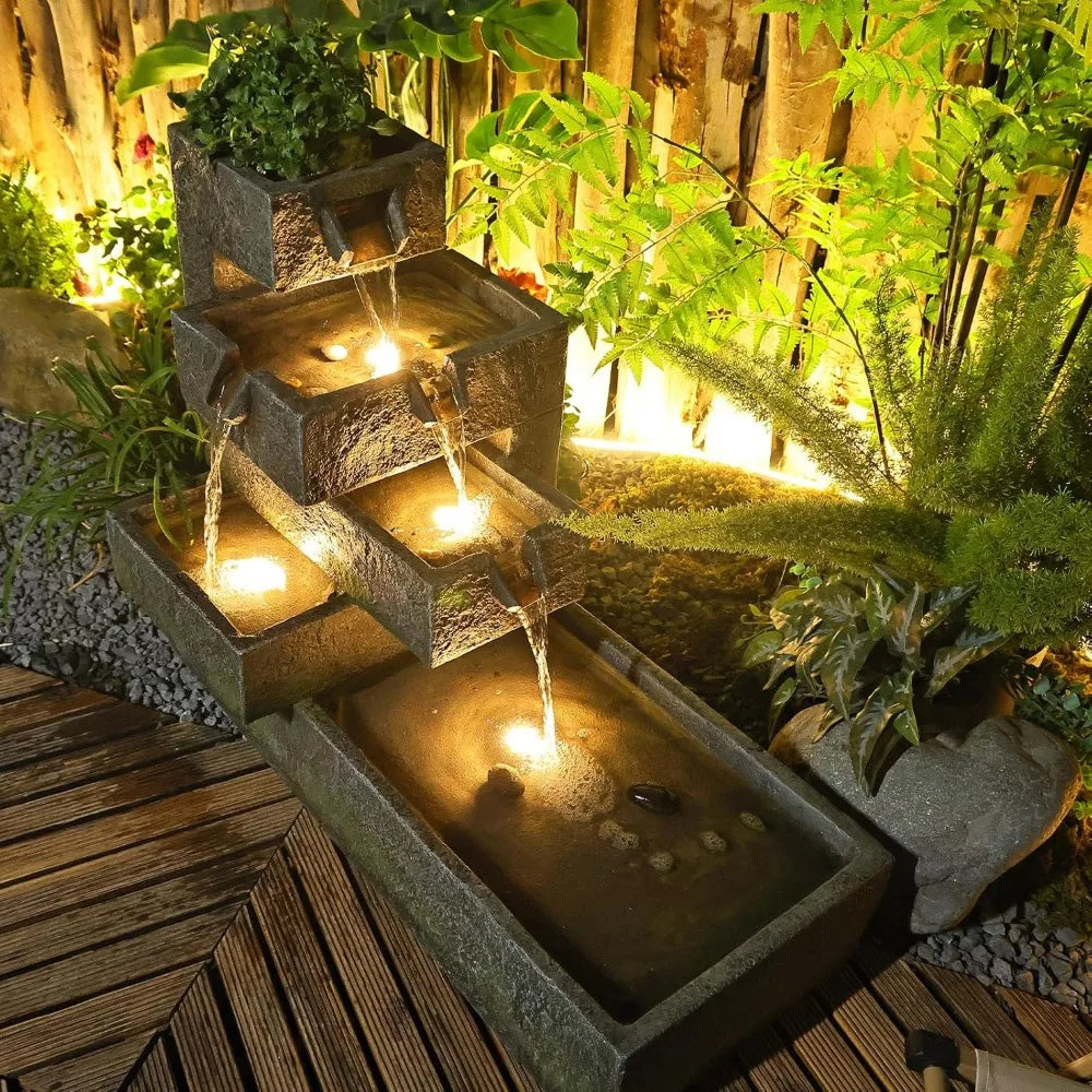 Tiered Outdoor Water Fountain For Garden And Indoor Use Freestanding Cascade Resin Concrete Modern Style With LED
