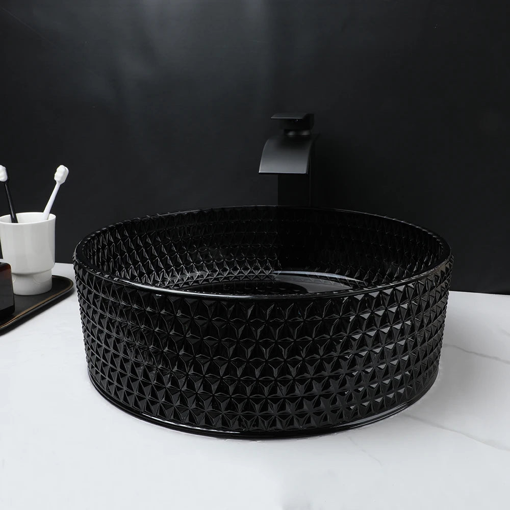 ZAPPO Black Glass Vessel Sink With Deck Mount Faucet