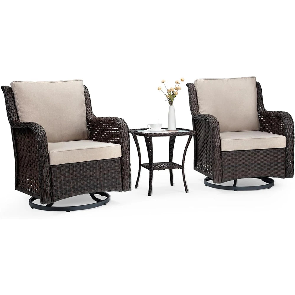 3 Piece Wicker Swivel Rocker Patio Set With Glass Side Table Outdoor Bistro