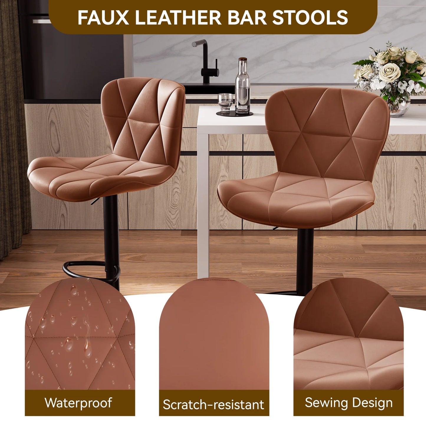 2 Pcs Bar Chair 360 Degree Rotation Faux Leather Backrest