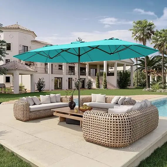15Ft Double Sided Patio Umbrella With Base Included Large Outdoor Market Umbrella With Crank Handle UV Resistant Canopy Sturdy Alloy Steel Rectangular Aqua Blue