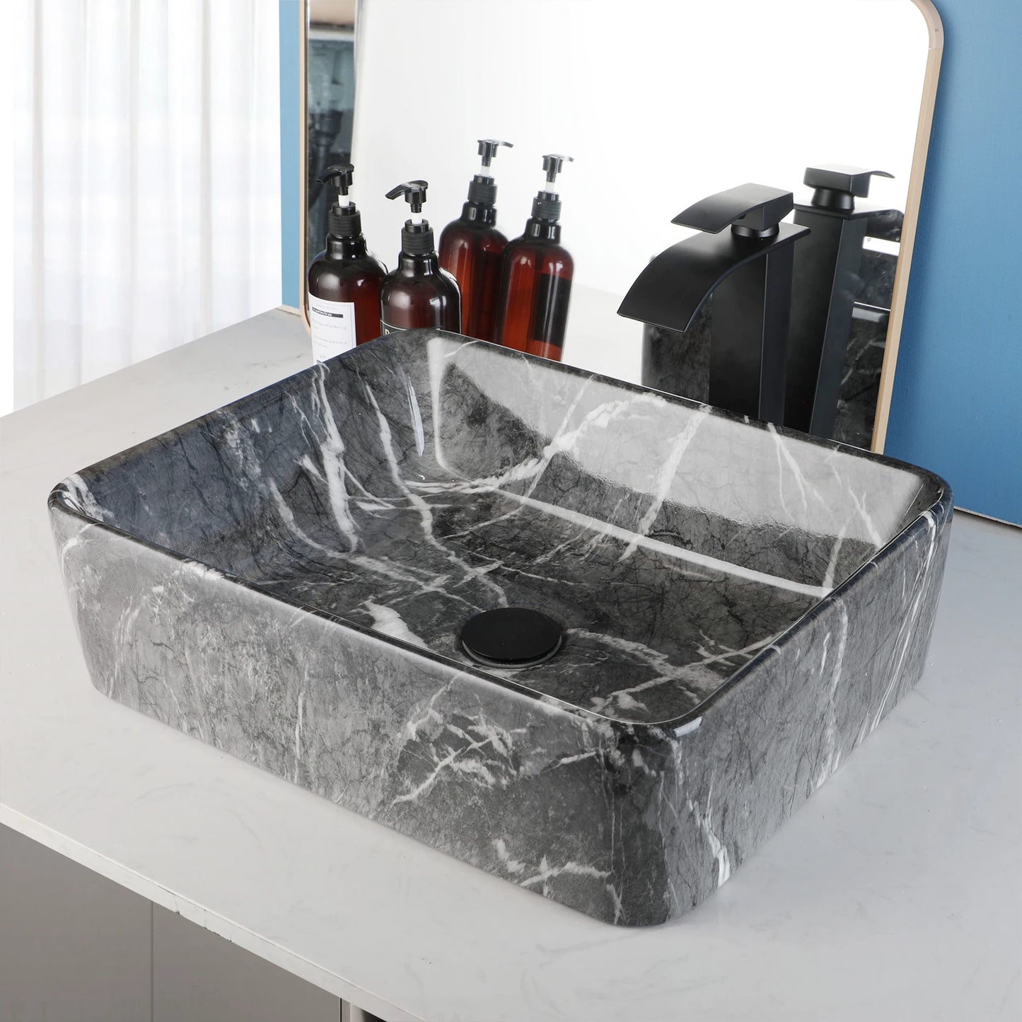 ZAPPO Black Rectangular Vessel Sink with Faucet and Drain