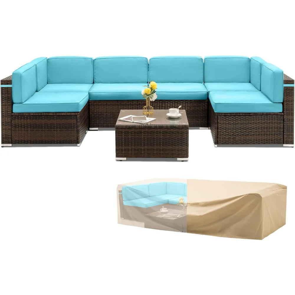 Outdoor Patio Furniture Set 7 Pieces Sectional PE Rattan Sofa Waterproof Cover