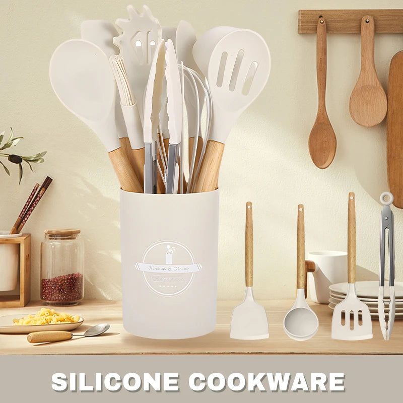 12 Piece Silicone Kitchenware Cooking Utensils Set Non Stick Cookware Spatula Shovel Egg Beaters Baking Set with Storage Bucket