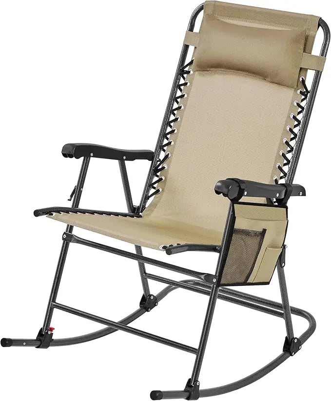26 Inch Zero Gravity Rocking Chair Folding Reclining Lounge Chair For Outdoor Patio Lawn Beige Alloy Steel Frame Fabric Seat