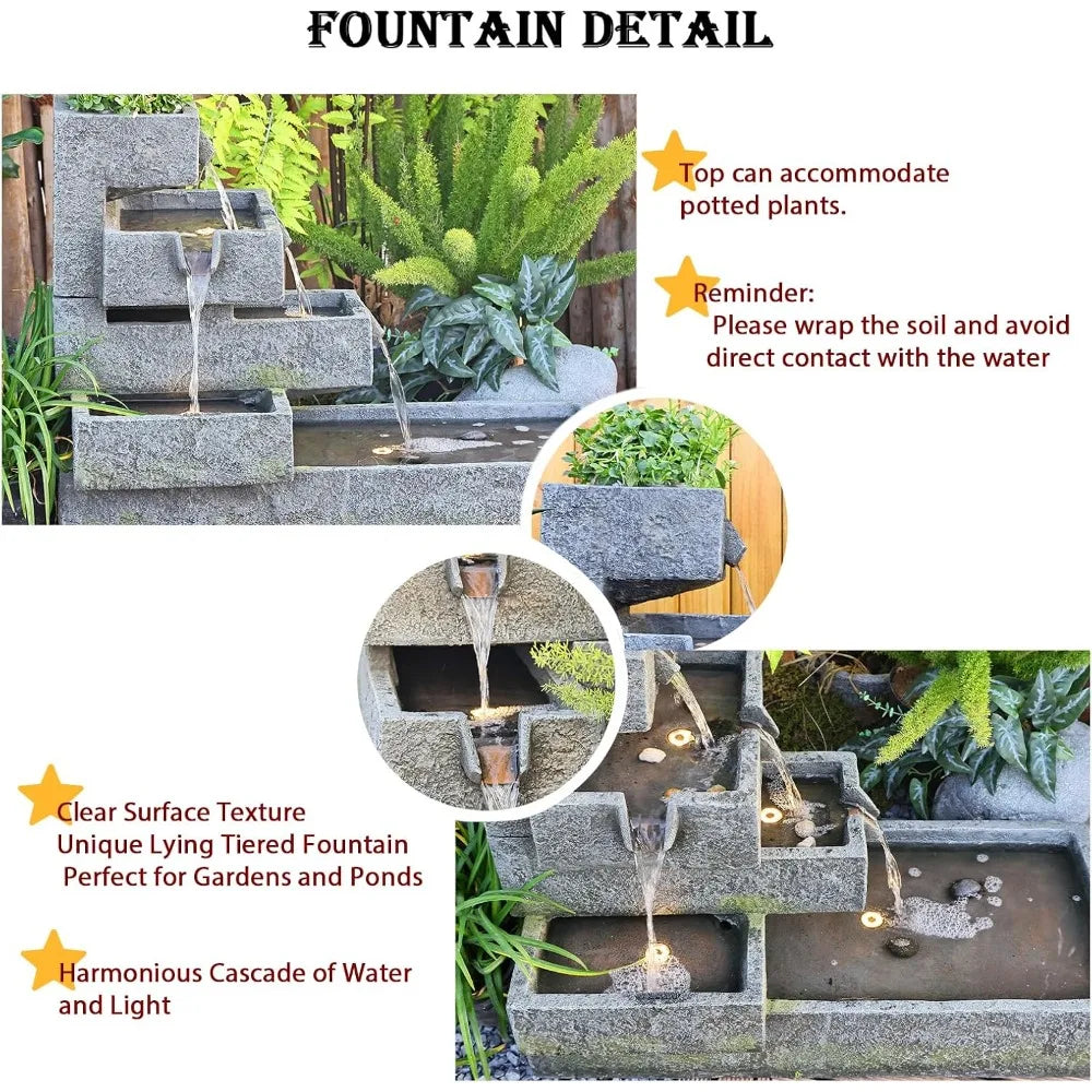 Tiered Outdoor Water Fountain For Garden And Indoor Use Freestanding Cascade Resin Concrete Modern Style With LED