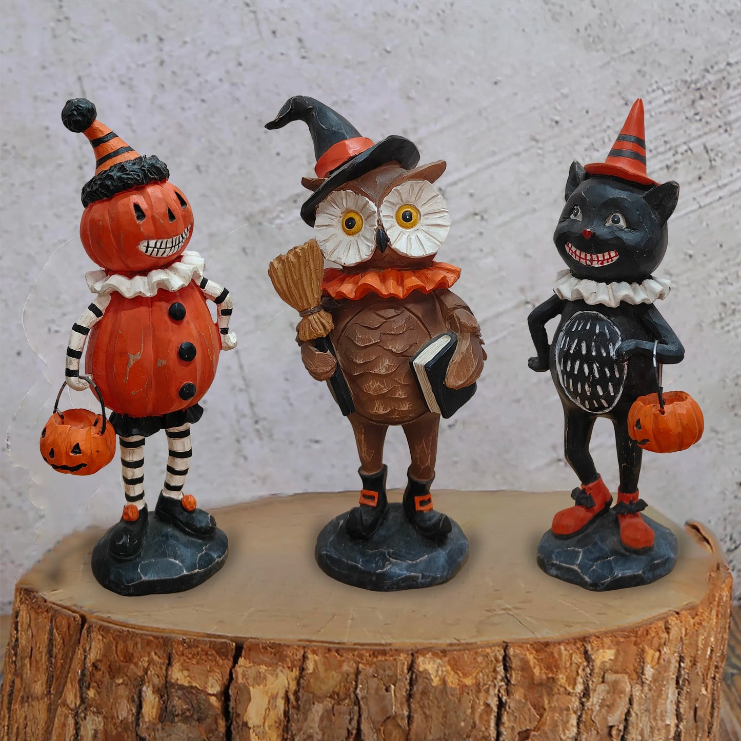 Halloween Resin Pumpkin Puppet Owl And Black Cat Statue