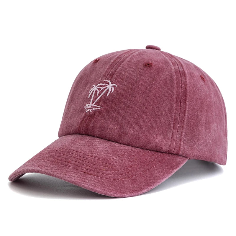 Washed Cotton Cap With Coconut Tree Embroidery Unisex Vintage Baseball Hat