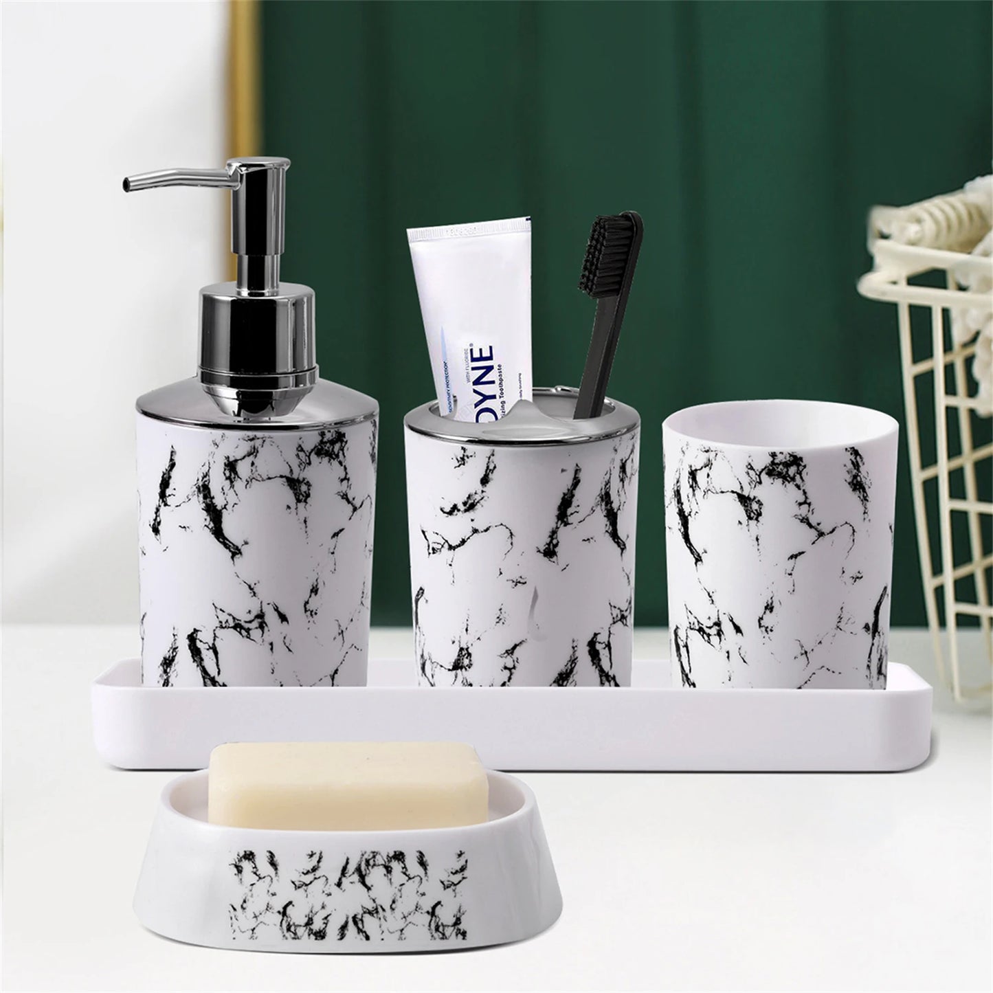White Black Marble Bathroom Set With Lotion Bottle Soap Dish