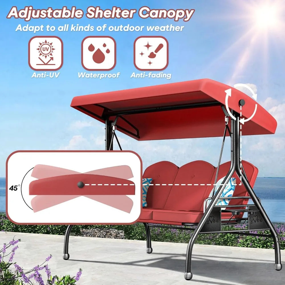 3 Seat Outdoor Porch Patio Swing With Stand 800 Lb 2 In 1 Convertible Swing Bed With Adjustable Canopy And Removable Cushion