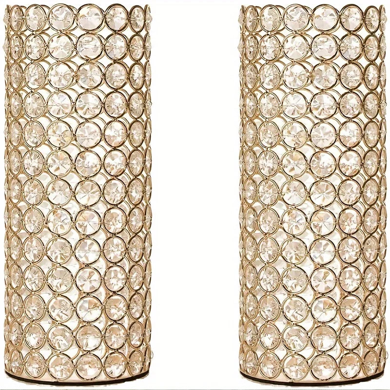 Two Crystal Metal Candle Holders 10.4 Inch High Sparkling Hurricane Decor
