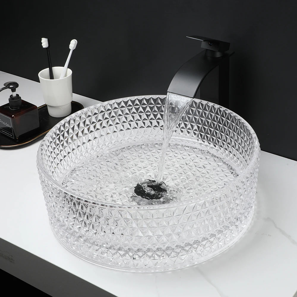 ZAPPO Black Glass Vessel Sink With Deck Mount Faucet