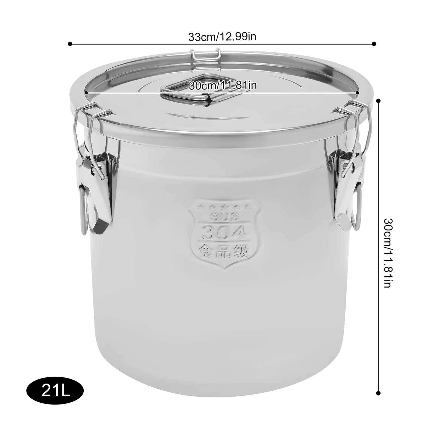 21L 33L Airtight Rice Bucket Canister Food Storage Container 304 Stainless Steel