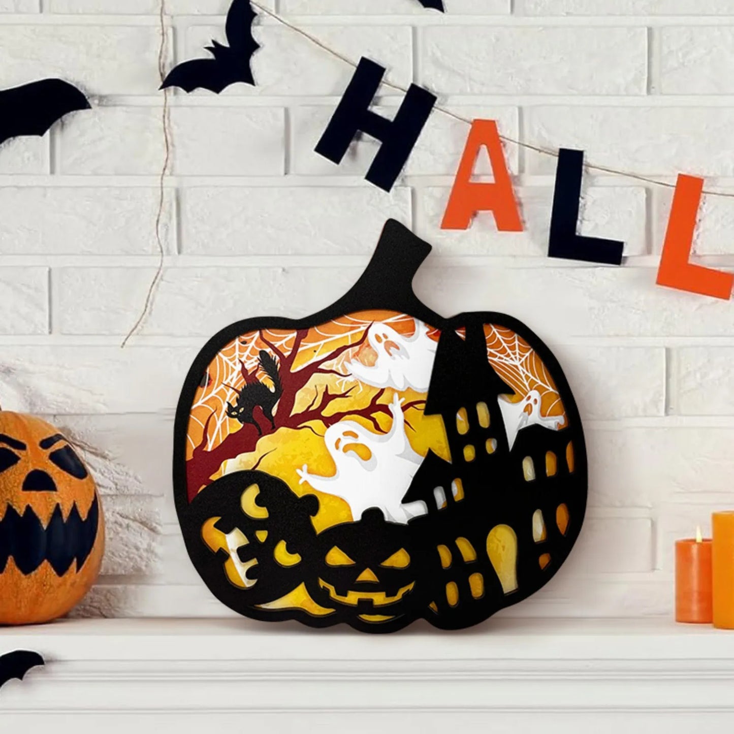 Halloween Pumpkin Wooden Ornament 3D Hollow Decoration for American Holiday Party