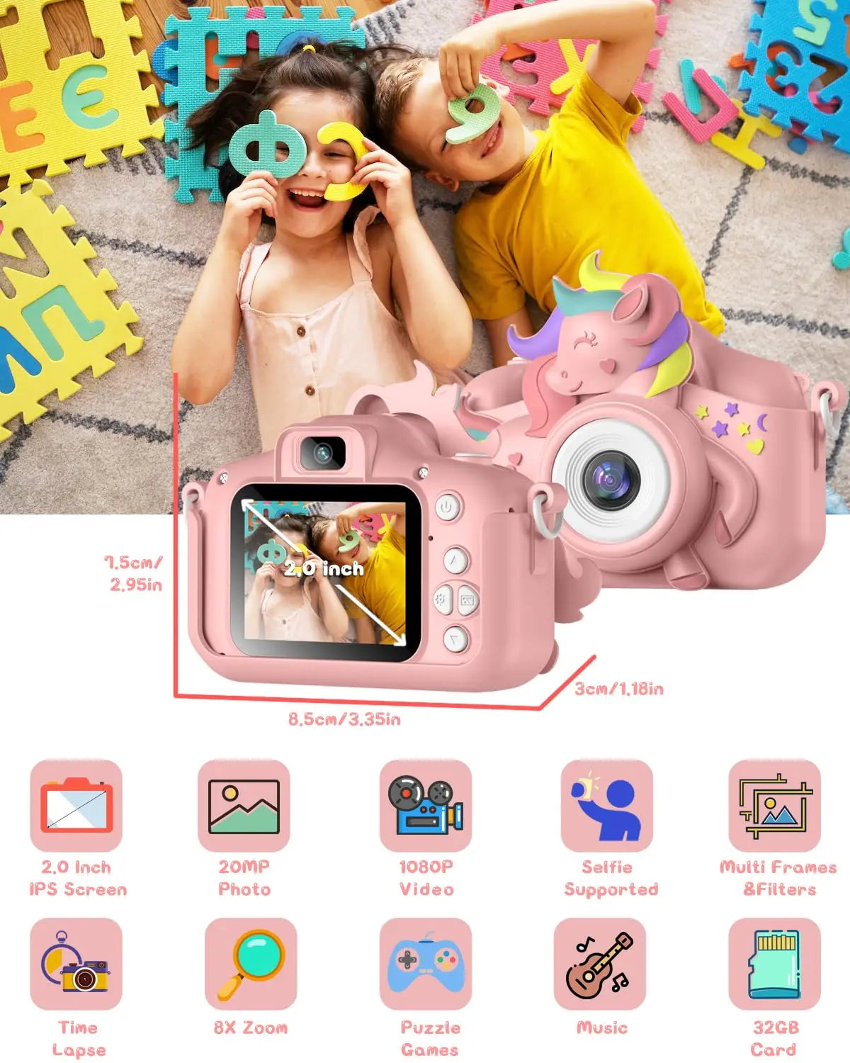 2 Inch Kids Camera 20MP 1080P HD Toddler Selfie Camera Cute Cartoon Digital Camera Toy With 32GB Card Gift For Girls And Boys