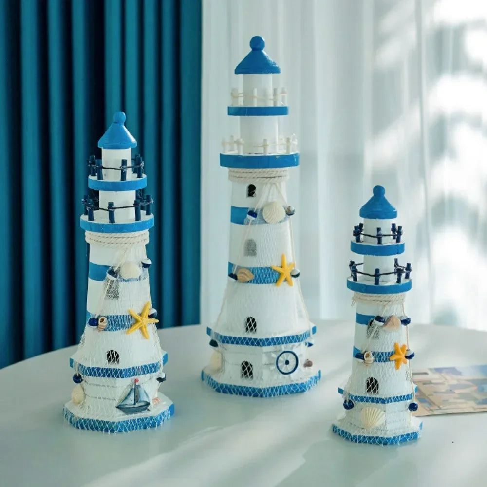 Wooden Double Layered Lighthouse Figurine Nautical Decor