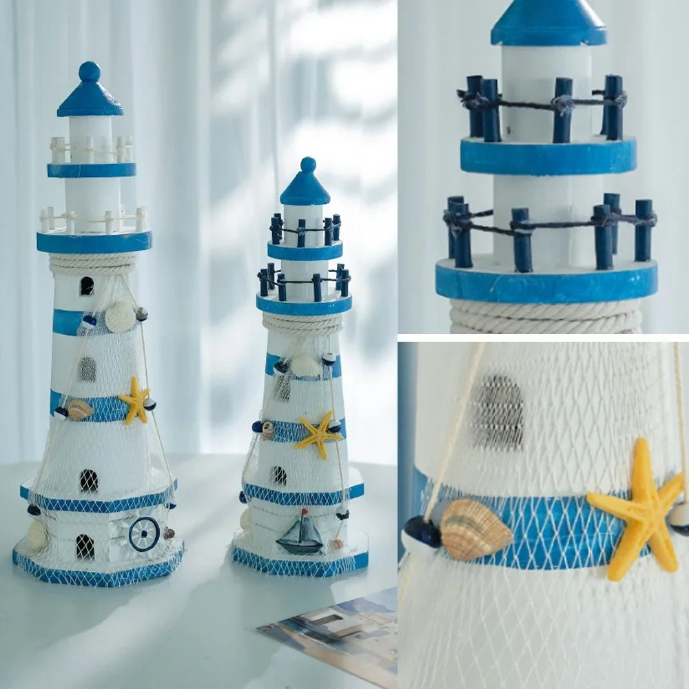 Wooden Double Layered Lighthouse Figurine Nautical Decor