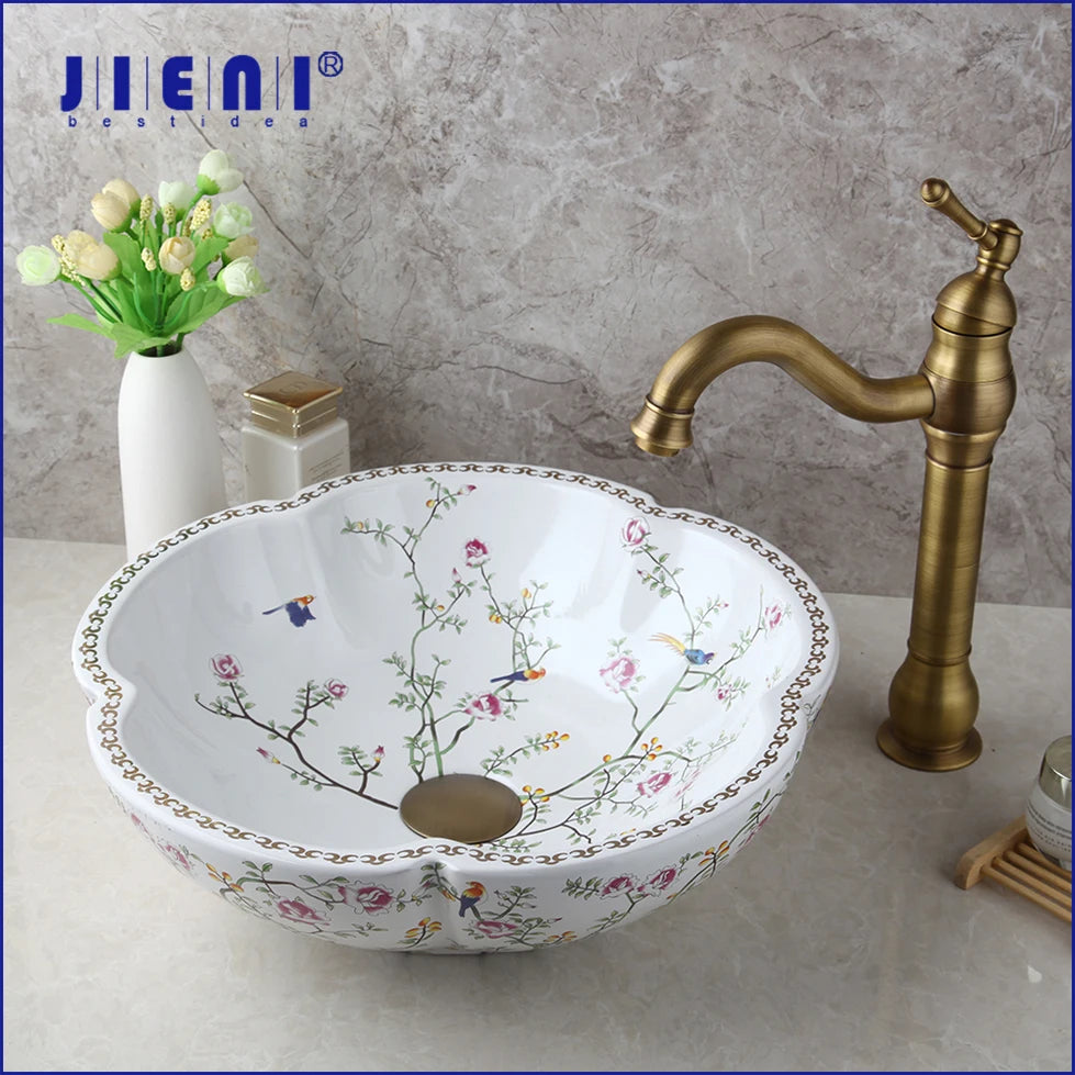 Jieni Art Ceramic Basin Set Blossoms Spring Brass Tap
