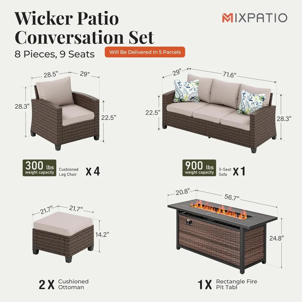 Eight Piece Rattan Patio Furniture Set For Outdoor Leisure And Garden