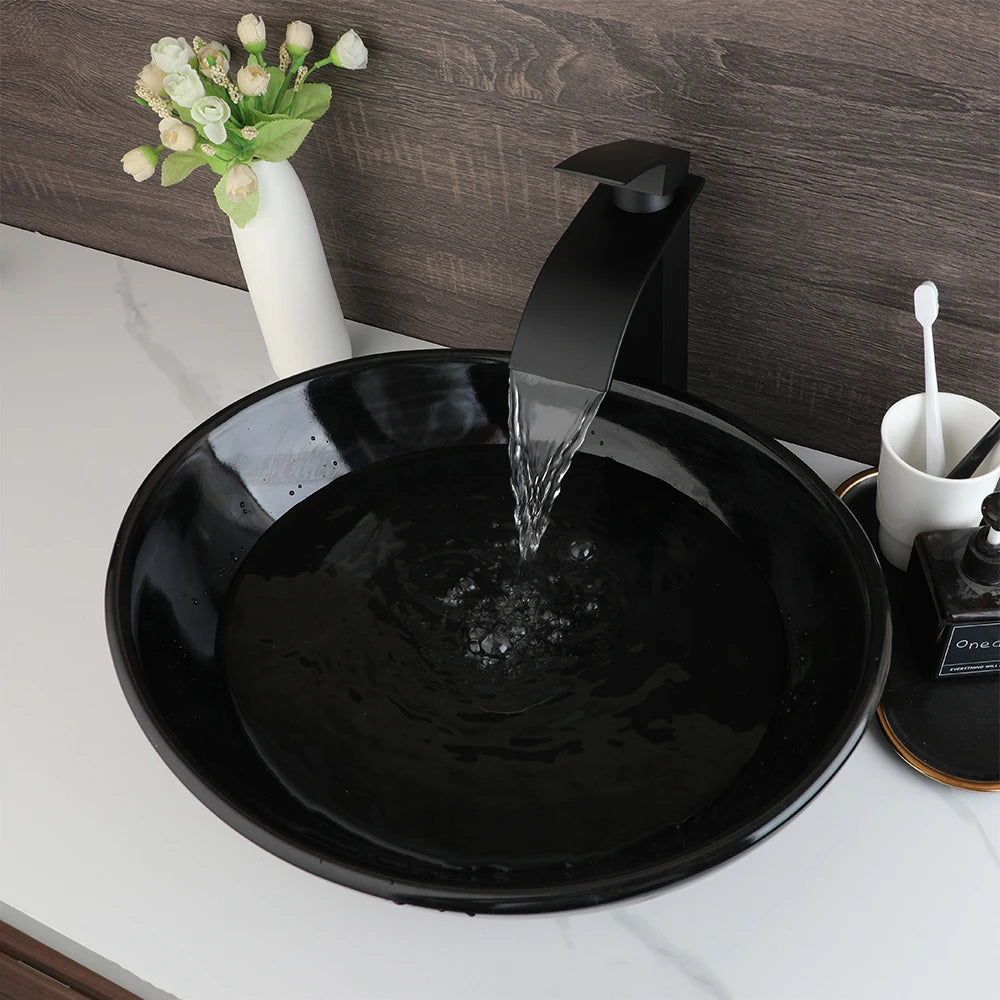 ZAPPO Marbling Rectangle Vessel Sink With Faucet Drain