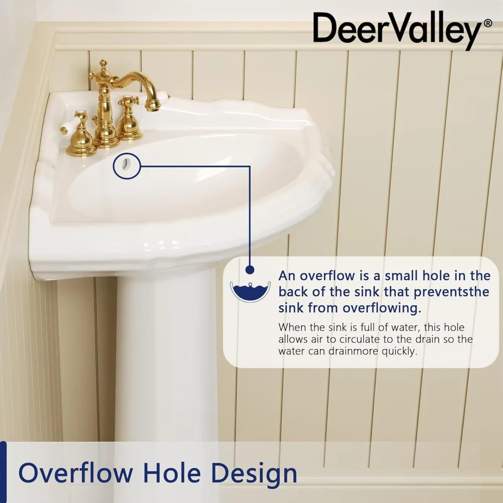 White Triangular Corner Pedestal Sink With Overflow Holes