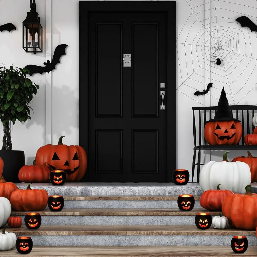 Halloween 6 Black Jack O Lanterns Tealight Candle Holders