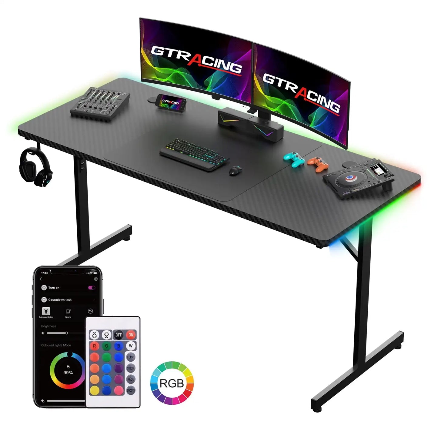 55 Inch RGB Gaming Desk With Mouse Pad T Shaped Black